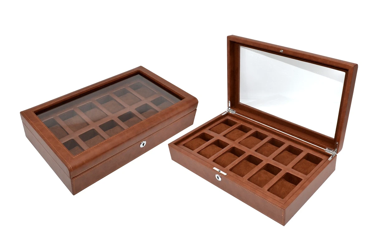 12 Slot Glass Top Premium Wooden Watch Display Case 3