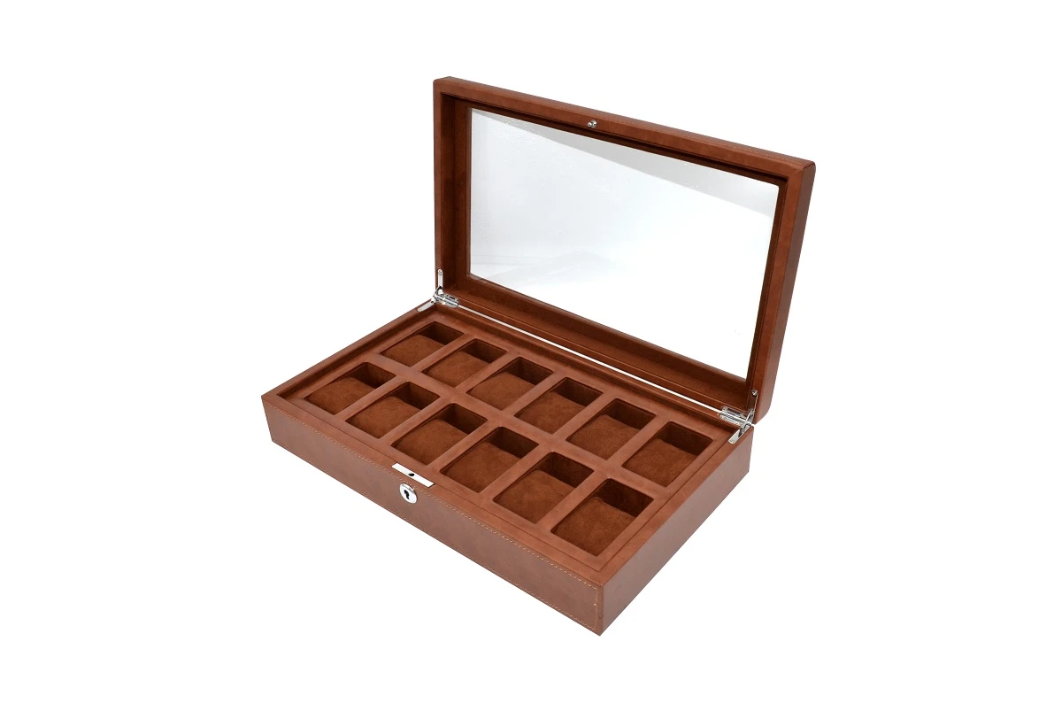 12 Slot Glass Top Premium Wooden Watch Display Case 4