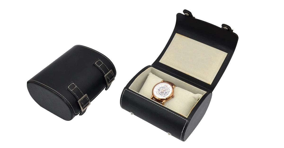 Black plastic button watch box